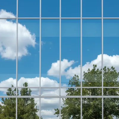 Glasfassade eines Bürogebäudes spiegelt Himmel und Bäume