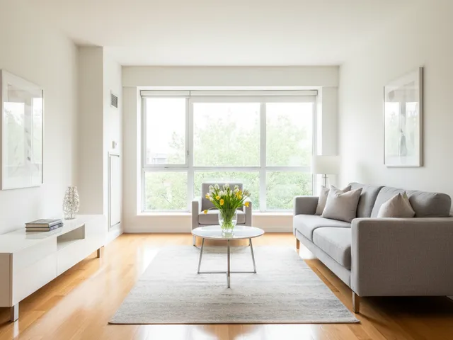 Helles aufgeräumtes Wohnzimmer mit sauberem Holzboden