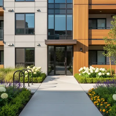 Gepflegter Eingangsbereich eines Mehrfamilienhauses mit Blumenbeeten