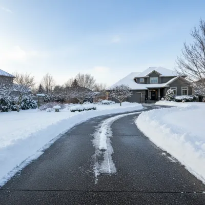 Geräumte Einfahrt vor einem verschneiten Wohnhaus im Winter